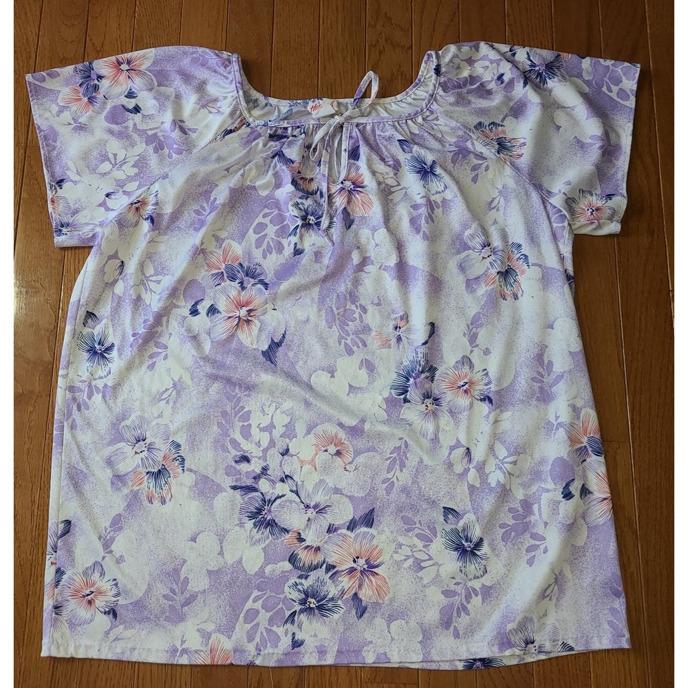 VINTAGE Haband! Women's XL Top Purple Floral 70'S Short Sleeve Front Tie Poly